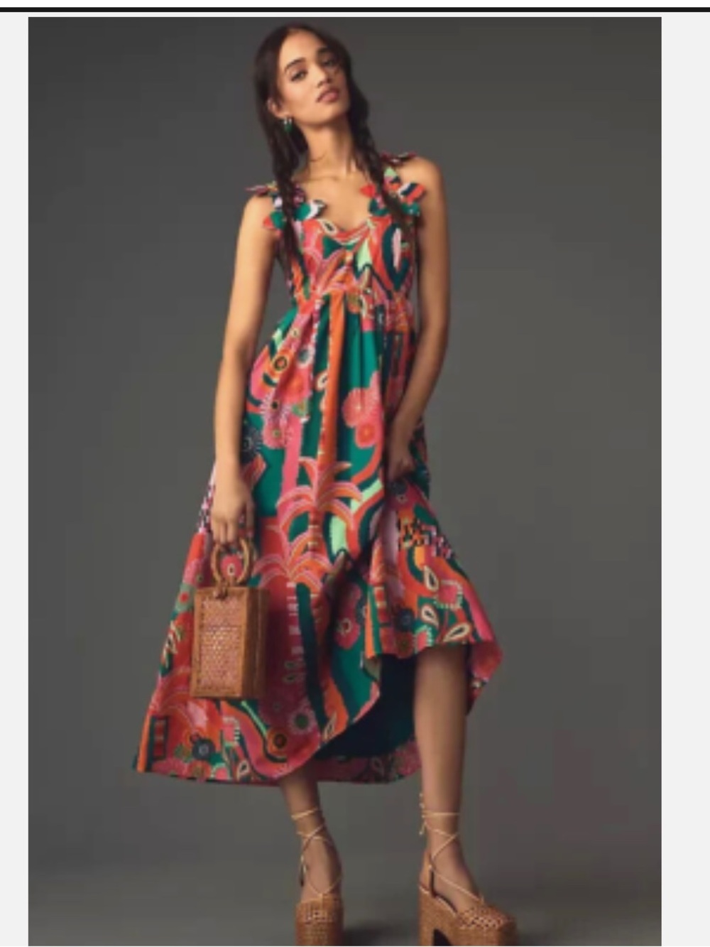 Farm Rio x Anthropologie pleated palm midi dress